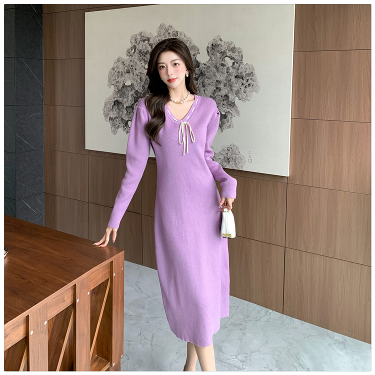 V-neck puff sleeve long dress slim dress for women