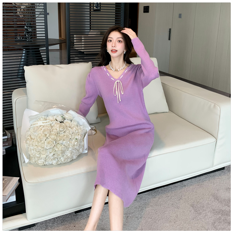 V-neck puff sleeve long dress slim dress for women