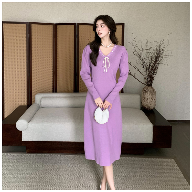 V-neck puff sleeve long dress slim dress for women