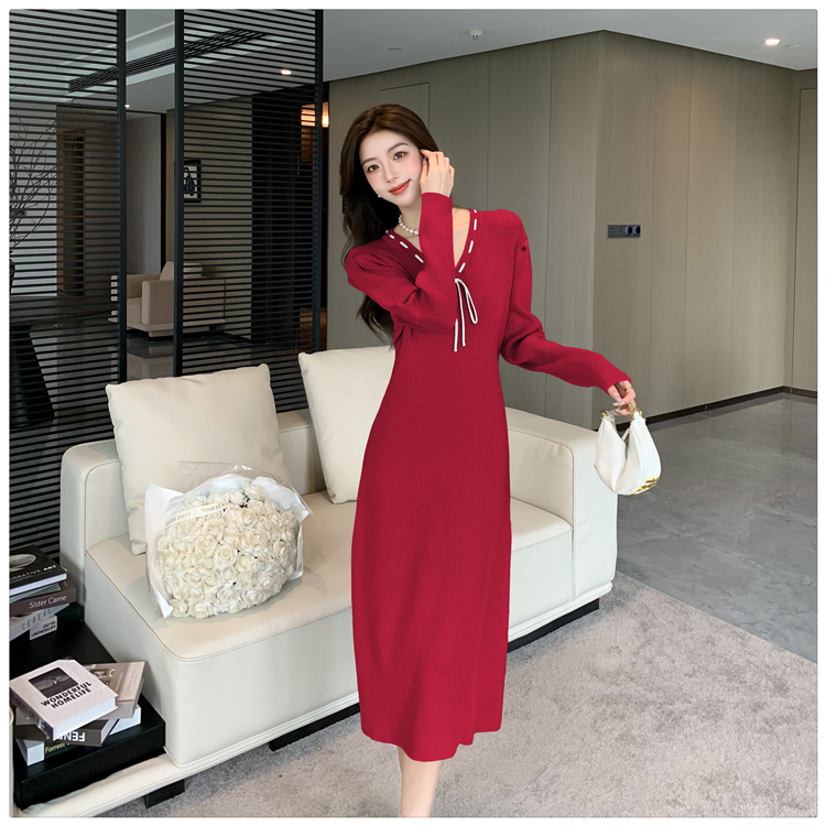 V-neck puff sleeve long dress slim dress for women