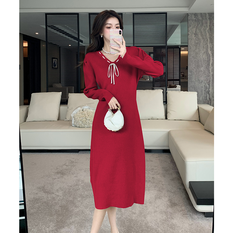 V-neck puff sleeve long dress slim dress for women