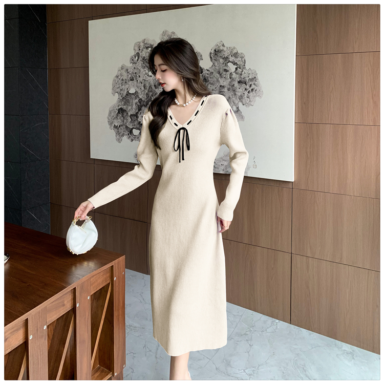 V-neck puff sleeve long dress slim dress for women