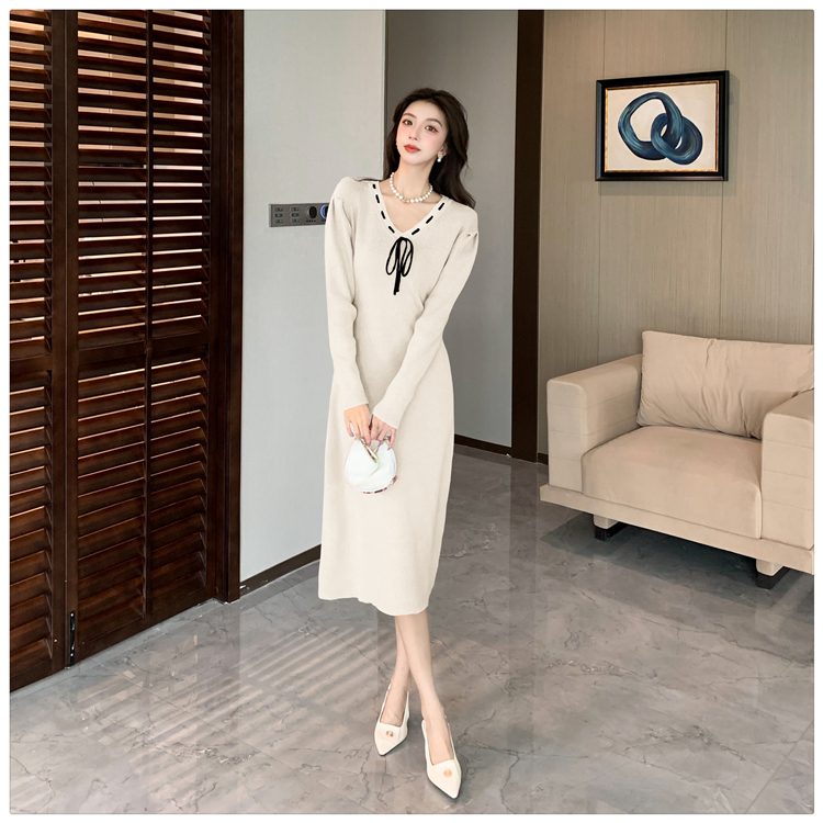 V-neck puff sleeve long dress slim dress for women