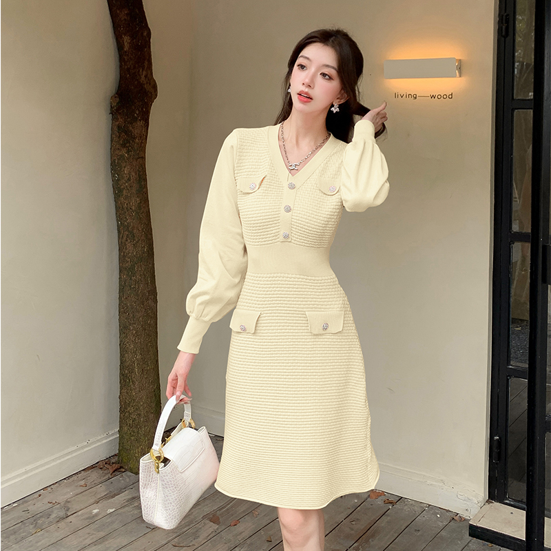 Knitted France style ladies temperament niche dress