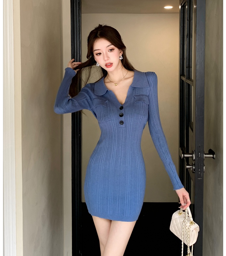 Slim long sleeve T-back blue temperament dress for women