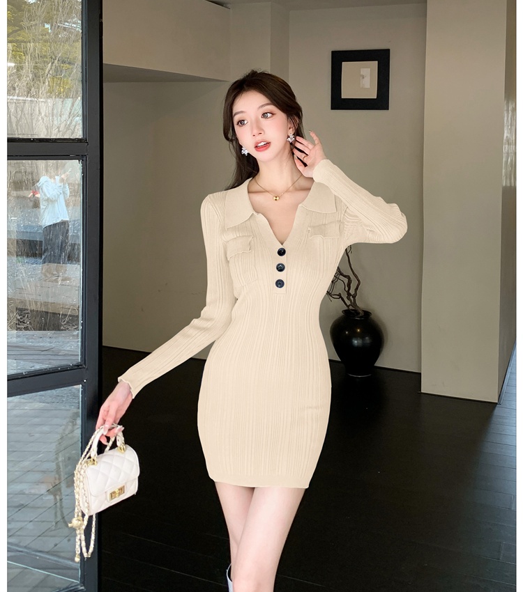 Slim long sleeve T-back blue temperament dress for women