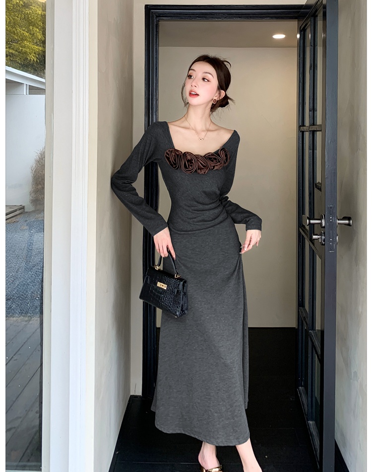 Flowers square collar stereoscopic knitted dress