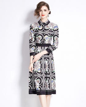 Fashion printing pinched waist all-match slim dress