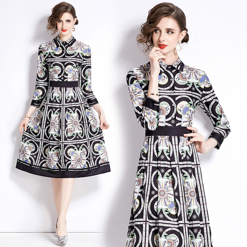 Fashion printing pinched waist all-match slim dress