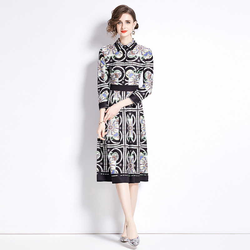 Fashion printing pinched waist all-match slim dress