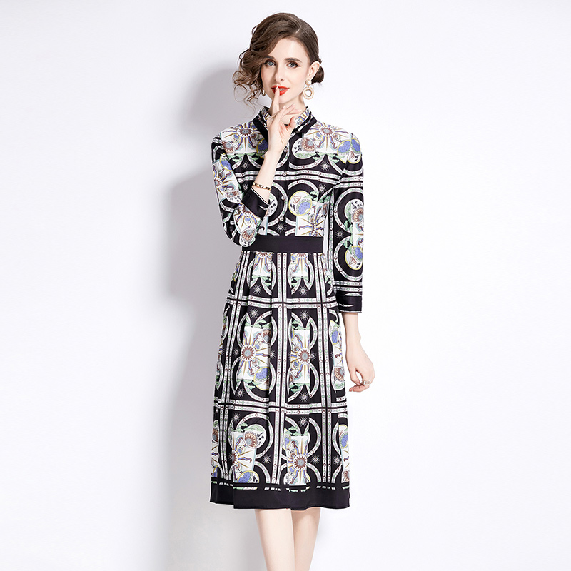 Fashion printing pinched waist all-match slim dress