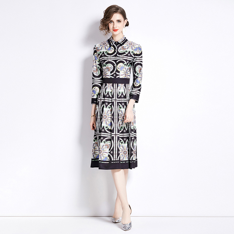 Fashion printing pinched waist all-match slim dress