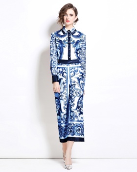 Loose printing wide leg pants fashion slim shirt a set