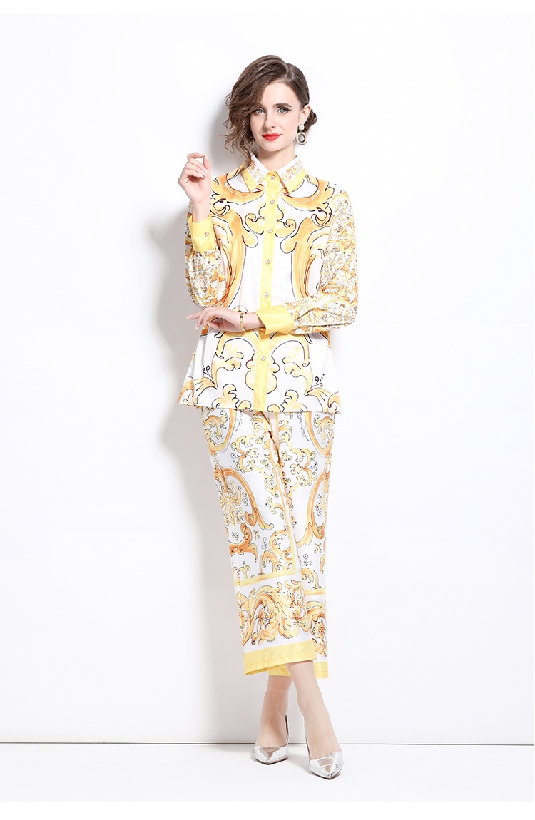 Loose printing wide leg pants fashion slim shirt a set