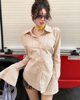 Trumpet sleeves back hollow stripe tops niche autumn shirt