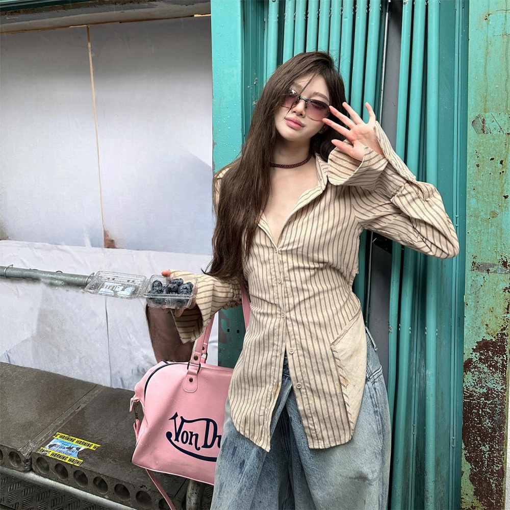 Trumpet sleeves back hollow stripe tops niche autumn shirt