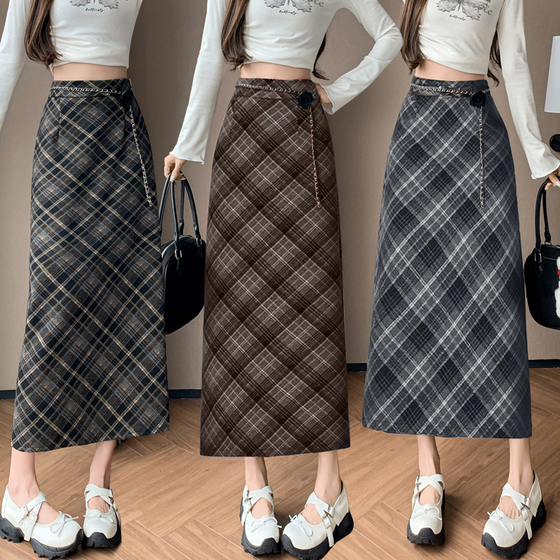 Plaid package hip retro A-line skirt for women