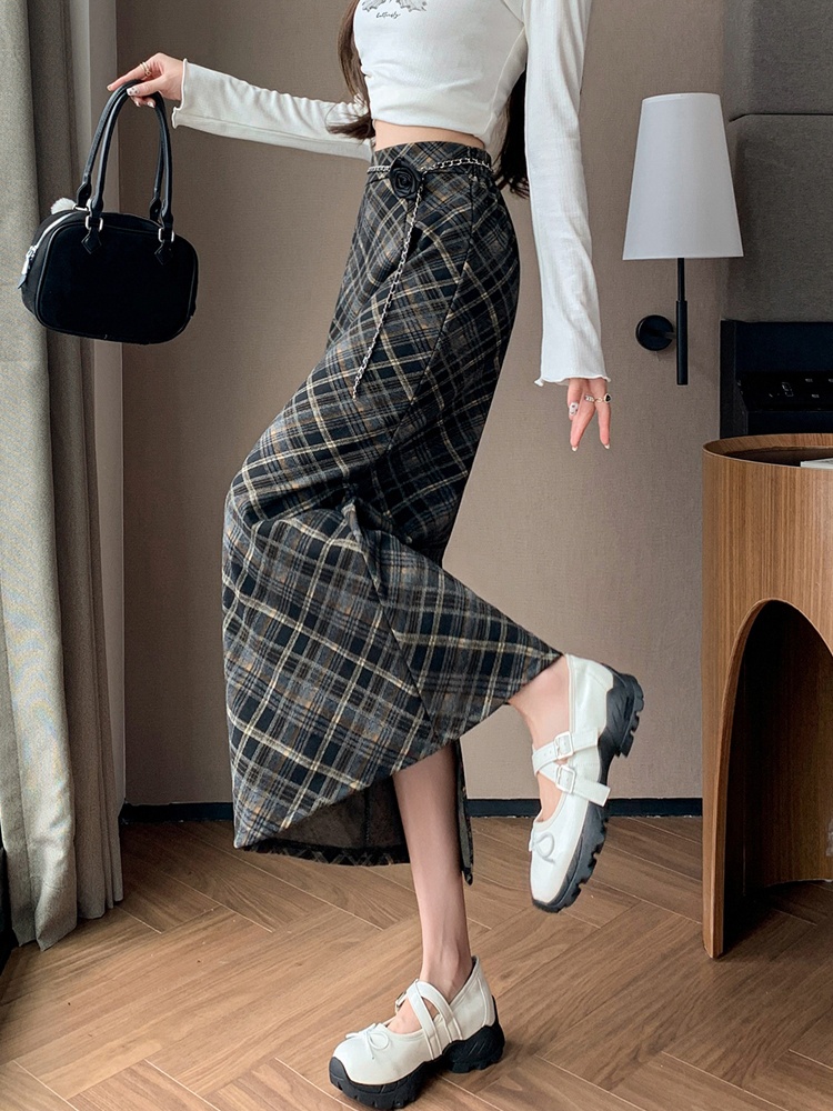 Plaid package hip retro A-line skirt for women