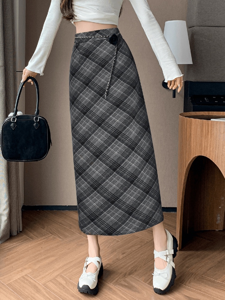 Plaid package hip retro A-line skirt for women