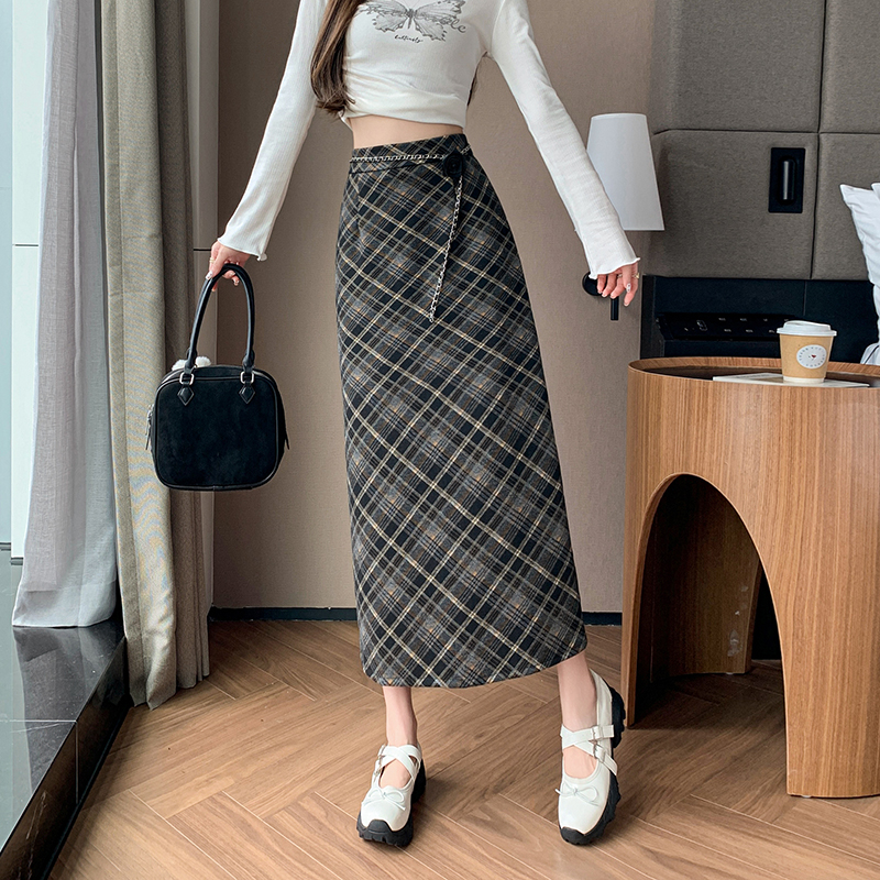 Plaid package hip retro A-line skirt for women