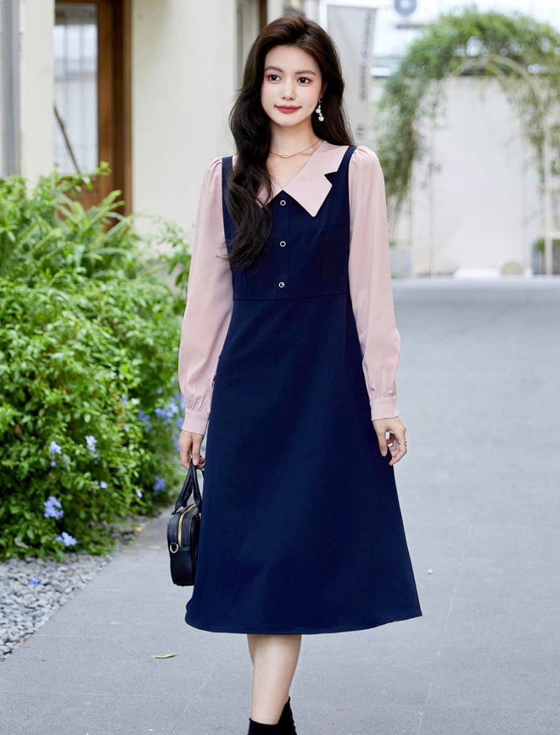 Mixed colors Pseudo-two retro autumn dress for women