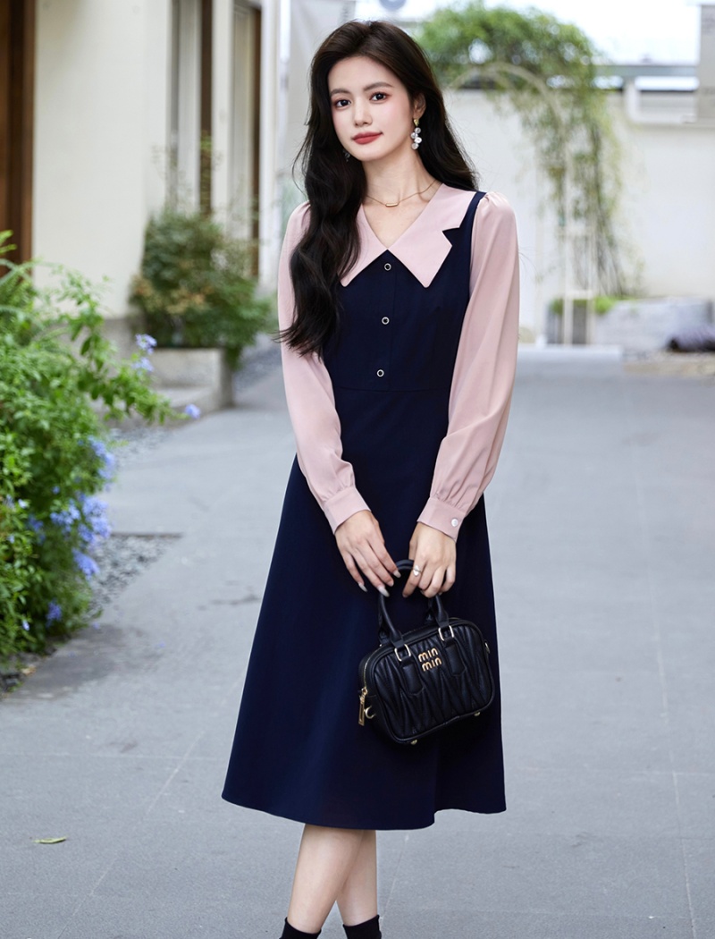 Mixed colors Pseudo-two retro autumn dress for women