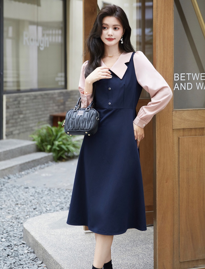 Mixed colors Pseudo-two retro autumn dress for women