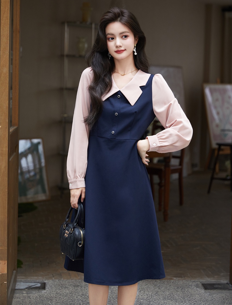 Mixed colors Pseudo-two retro autumn dress for women