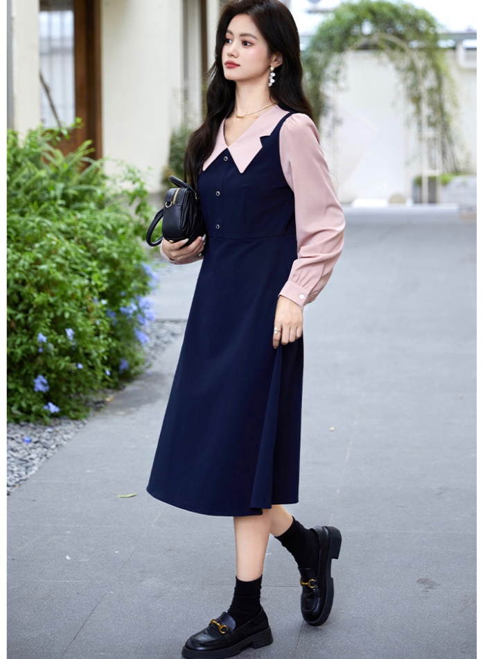 Mixed colors Pseudo-two retro autumn dress for women