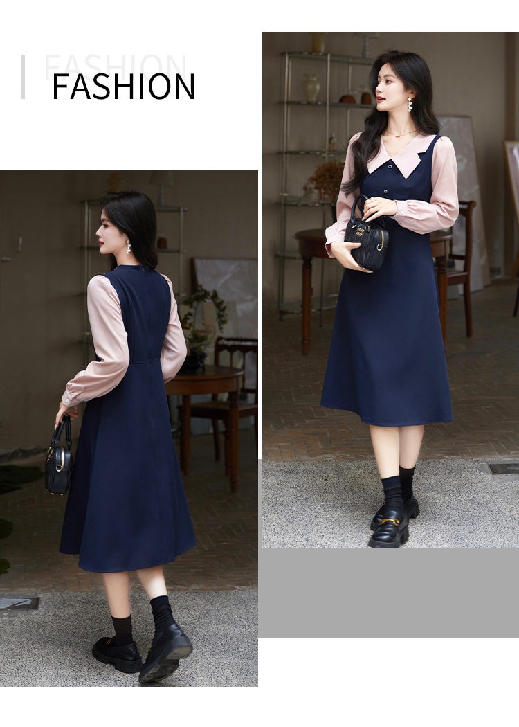 Mixed colors Pseudo-two retro autumn dress for women