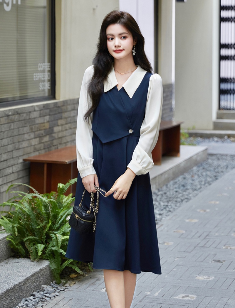 Splice long sleeve shirt temperament dress for women