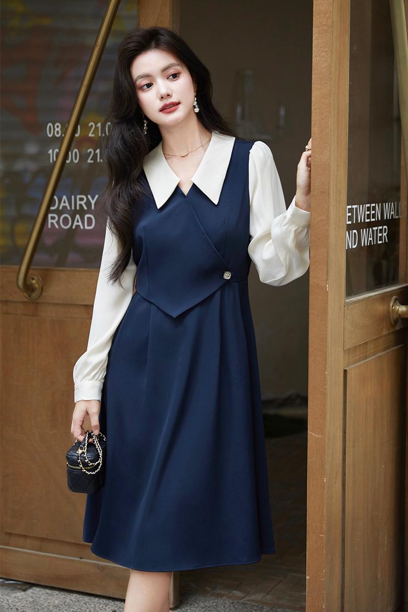 Splice long sleeve shirt temperament dress for women