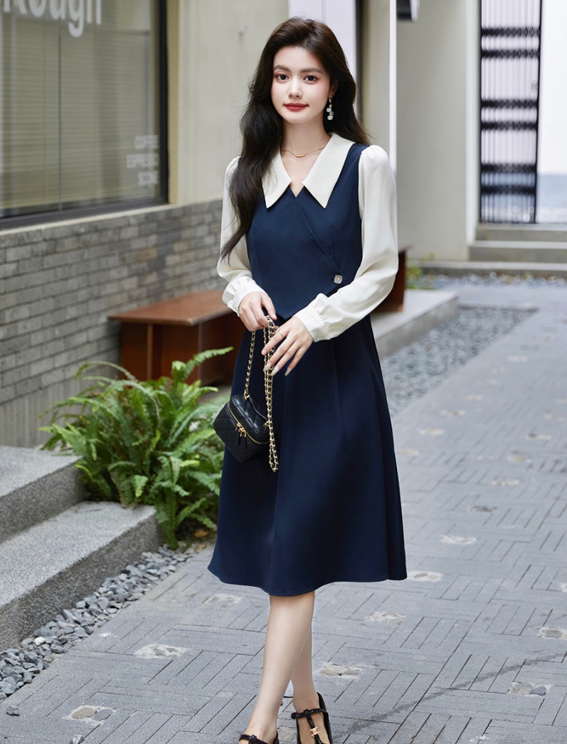 Splice long sleeve shirt temperament dress for women