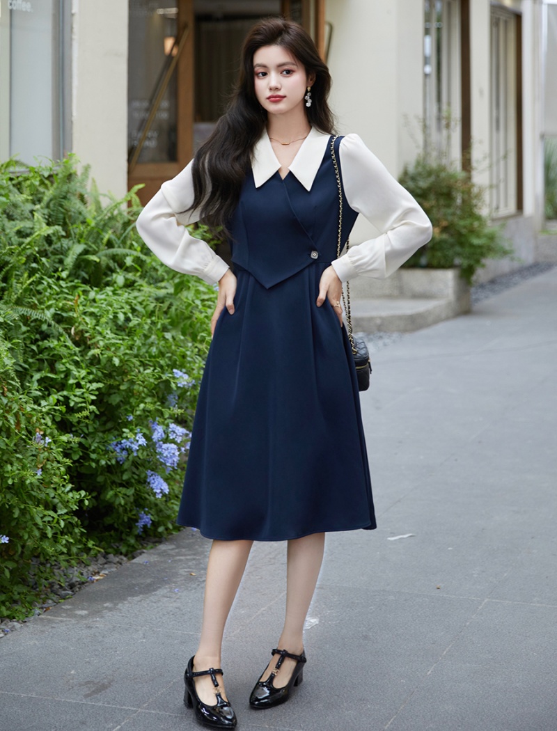 Splice long sleeve shirt temperament dress for women