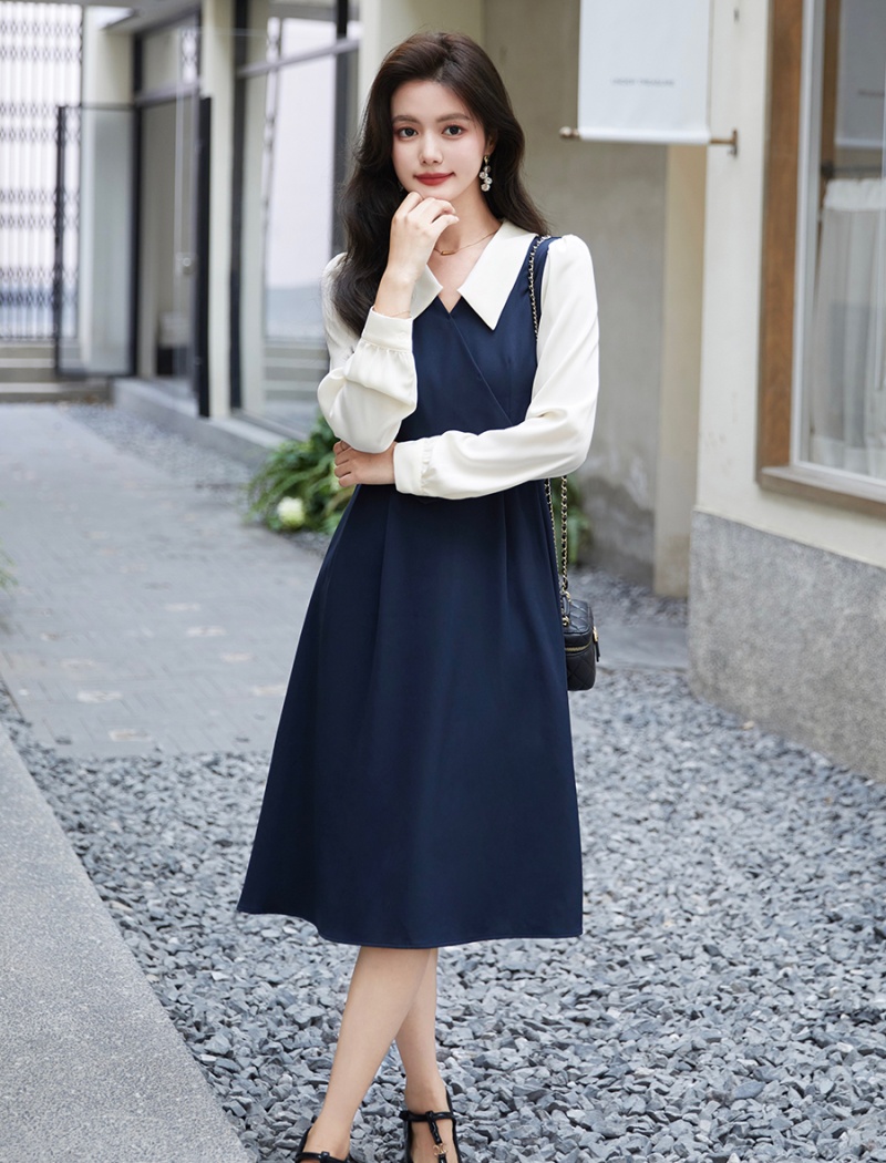 Splice long sleeve shirt temperament dress for women