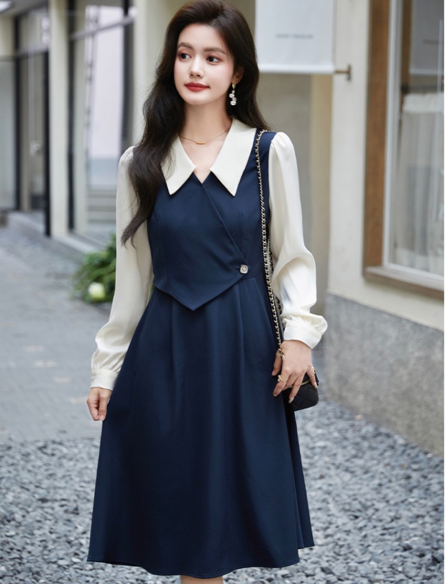 Splice long sleeve shirt temperament dress for women