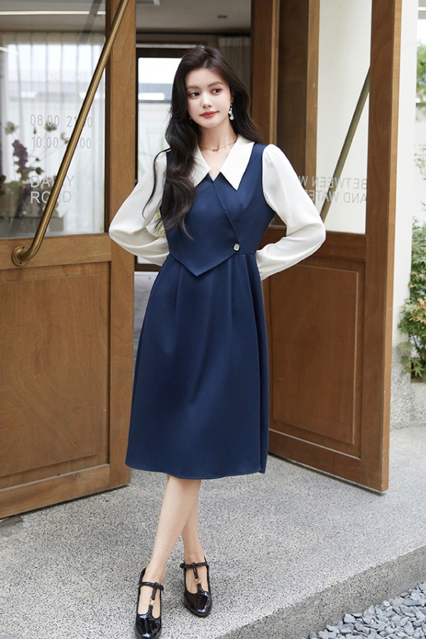 Splice long sleeve shirt temperament dress for women