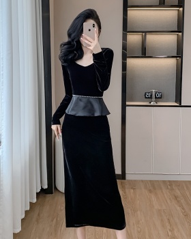 Autumn France style square collar long slim dress