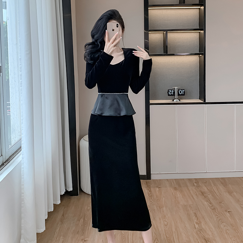 Autumn France style square collar long slim dress