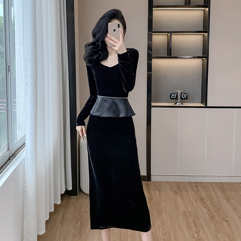 Autumn France style square collar long slim dress