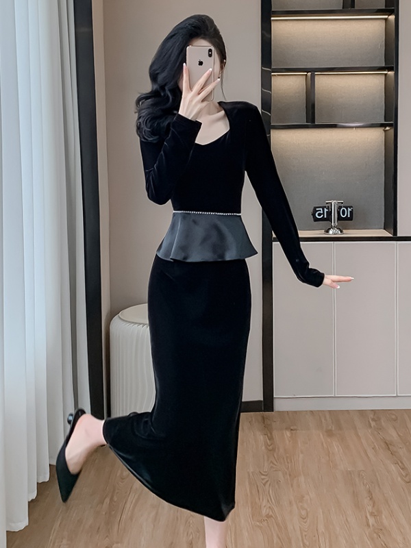 Autumn France style square collar long slim dress