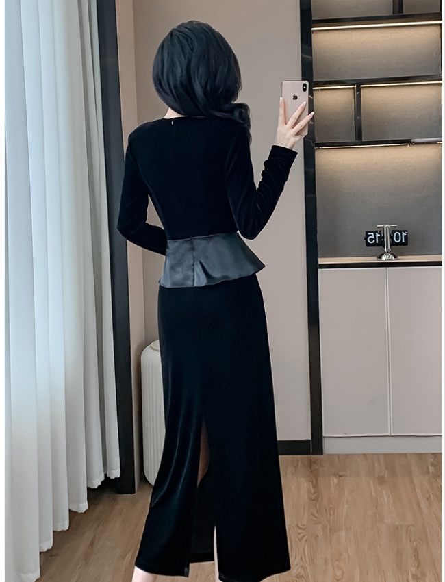 Autumn France style square collar long slim dress