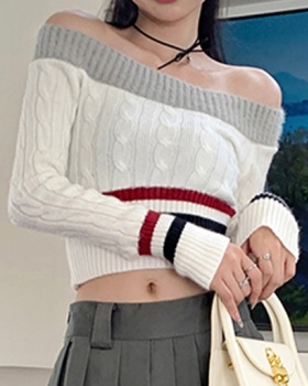 Stripe autumn sweater sexy flat shoulder tops