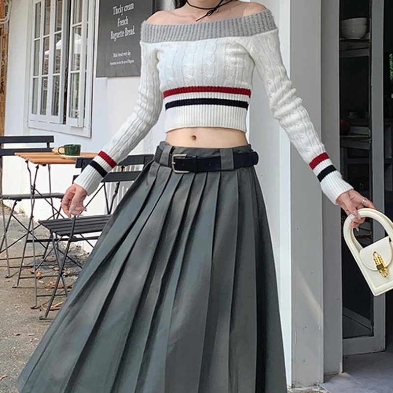 Stripe autumn sweater sexy flat shoulder tops