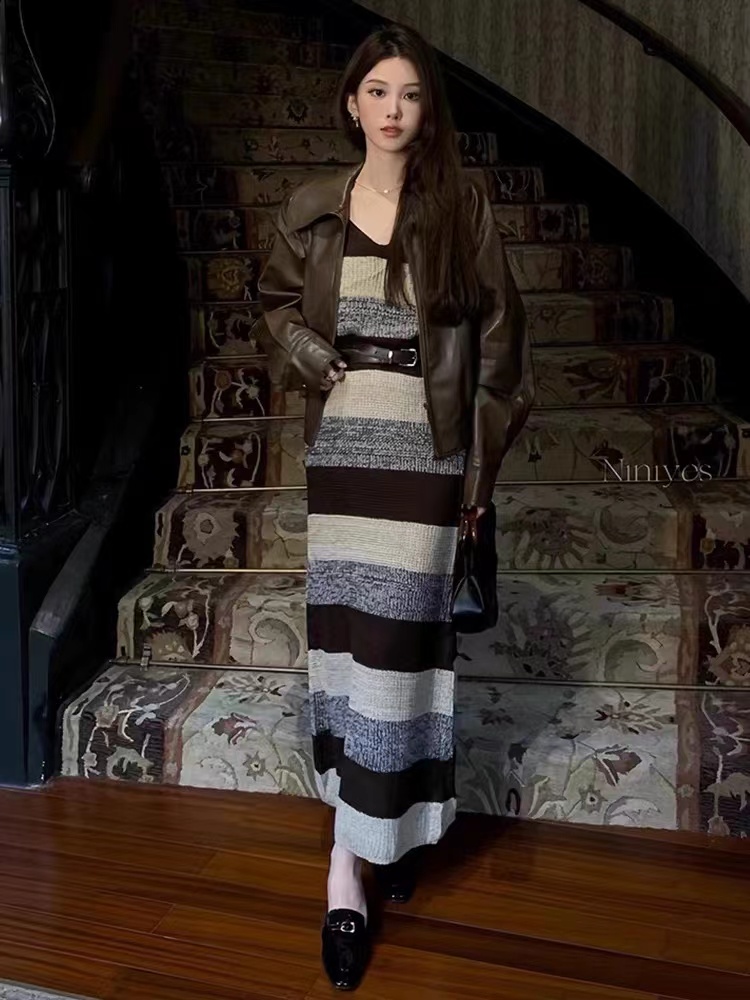 Autumn stripe sling dress cashmere knitted vest