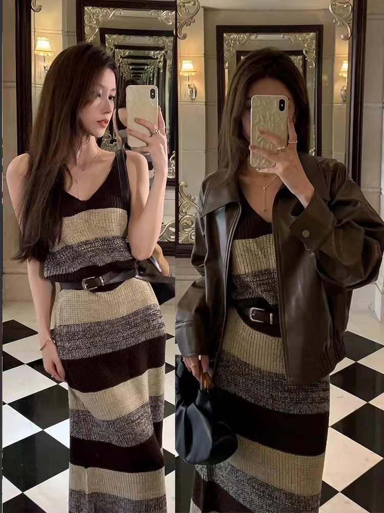 Autumn stripe sling dress cashmere knitted vest