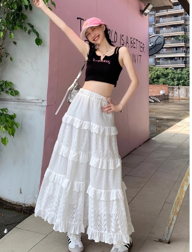 White slim A-line long skirt splice lace cake skirt for women