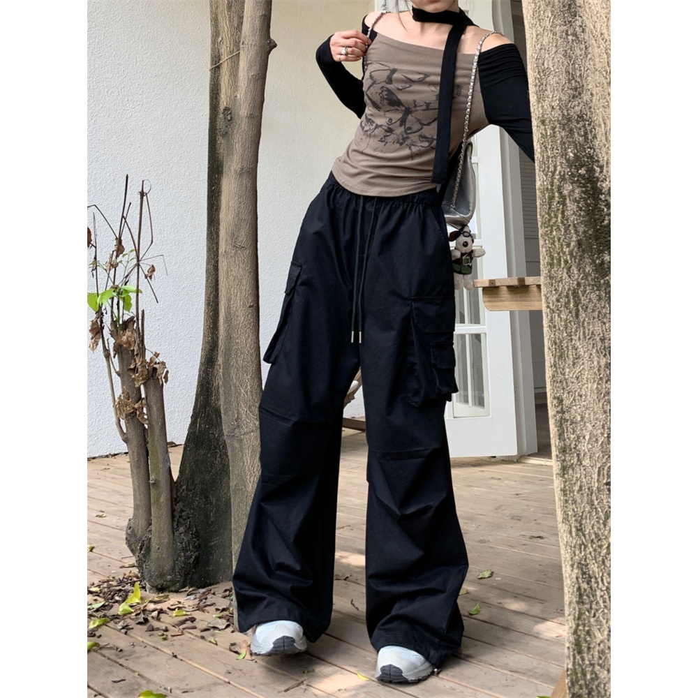 Fold large pockets work pants retro casual pants