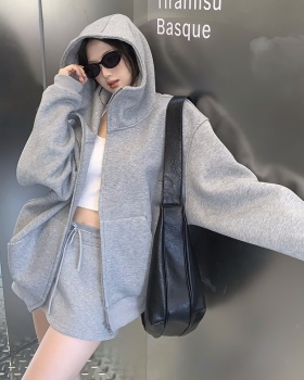 Hooded cstand collar gray big lazy hoodie