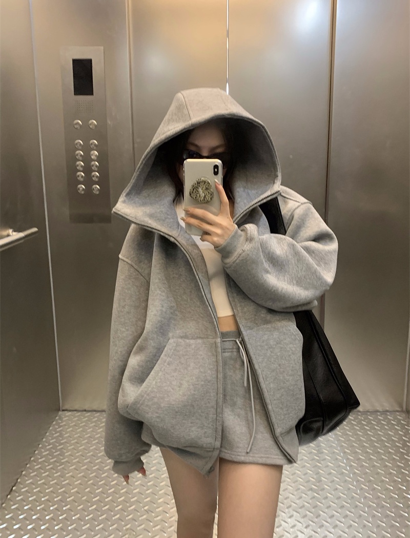 Hooded cstand collar gray big lazy hoodie